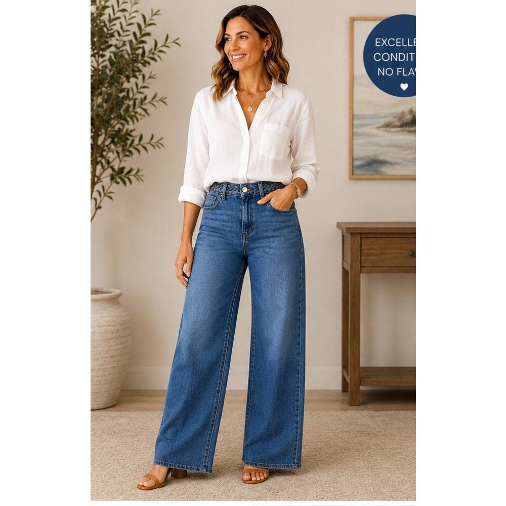 OAT New York Braided Waist Wide Leg Jeans Sz 12/31 Boho Raw Hem Denim